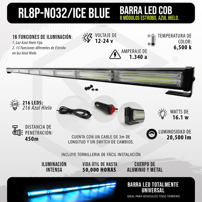 Barra Torreta Led Cob 8 Módulos Estrobo Código 16 Funciones