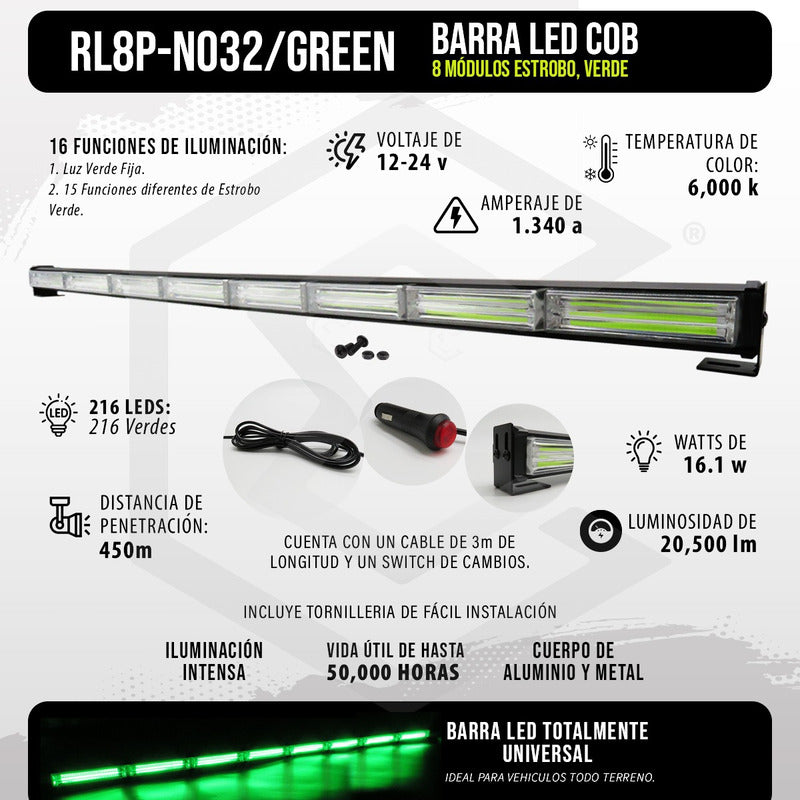 Barra Torreta Led Cob 8 Módulos Estrobo Código 16 Funciones