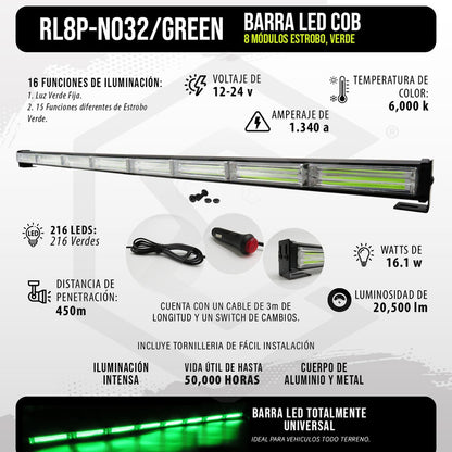 Barra Torreta Led Cob 8 Módulos Estrobo Código 16 Funciones