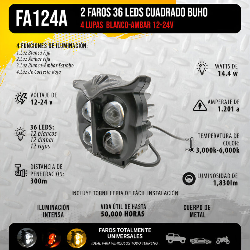 2 Faros 36 Leds Cuadrado Buho 4 Lupas Blanco-ambar 12-24v