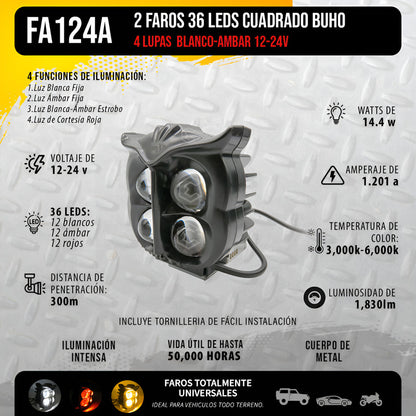 2 Faros 36 Leds Cuadrado Buho 4 Lupas Blanco-ambar 12-24v