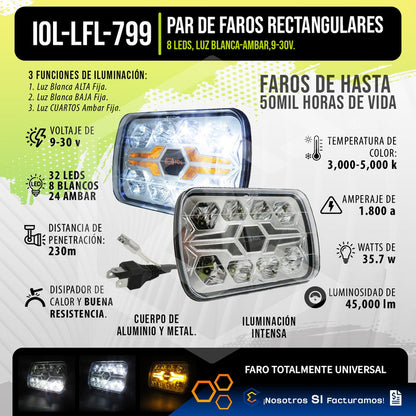 Par De Faros Unidad 5x7 32 Leds Blanco-ámbar Baja Alta 9-30v