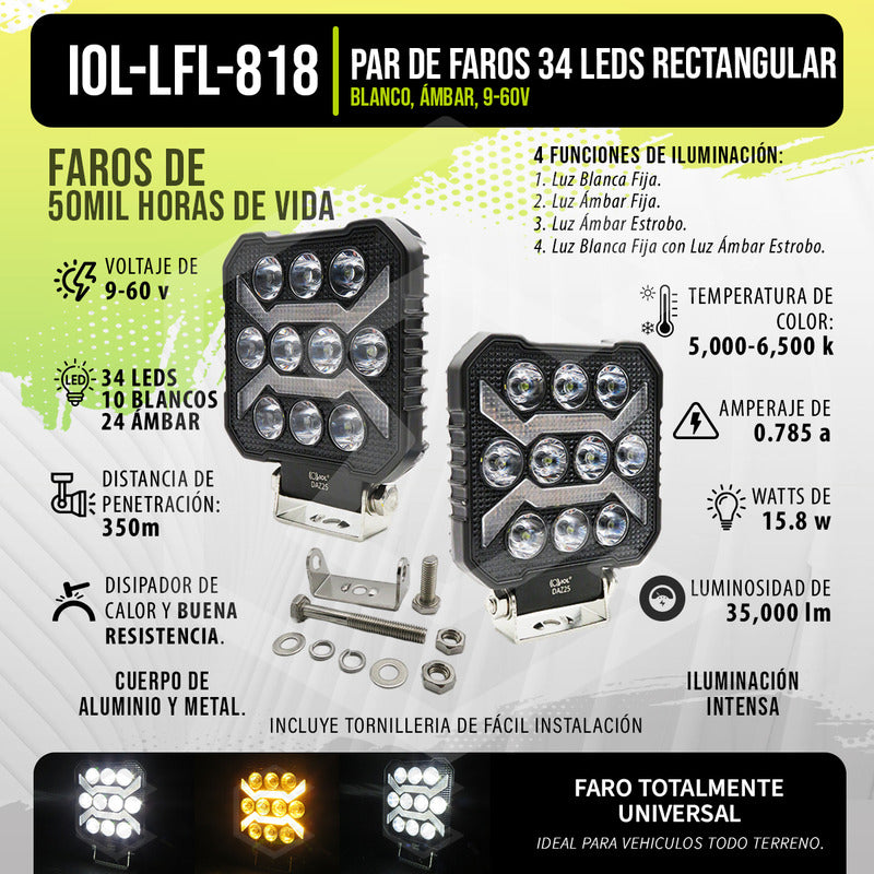 Par De Faros 34 Led Cuadrado Blanco-ambar Fijo Estrobo 9-60v Transparente