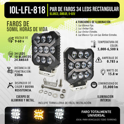 Par De Faros 34 Led Cuadrado Blanco-ambar Fijo Estrobo 9-60v Transparente