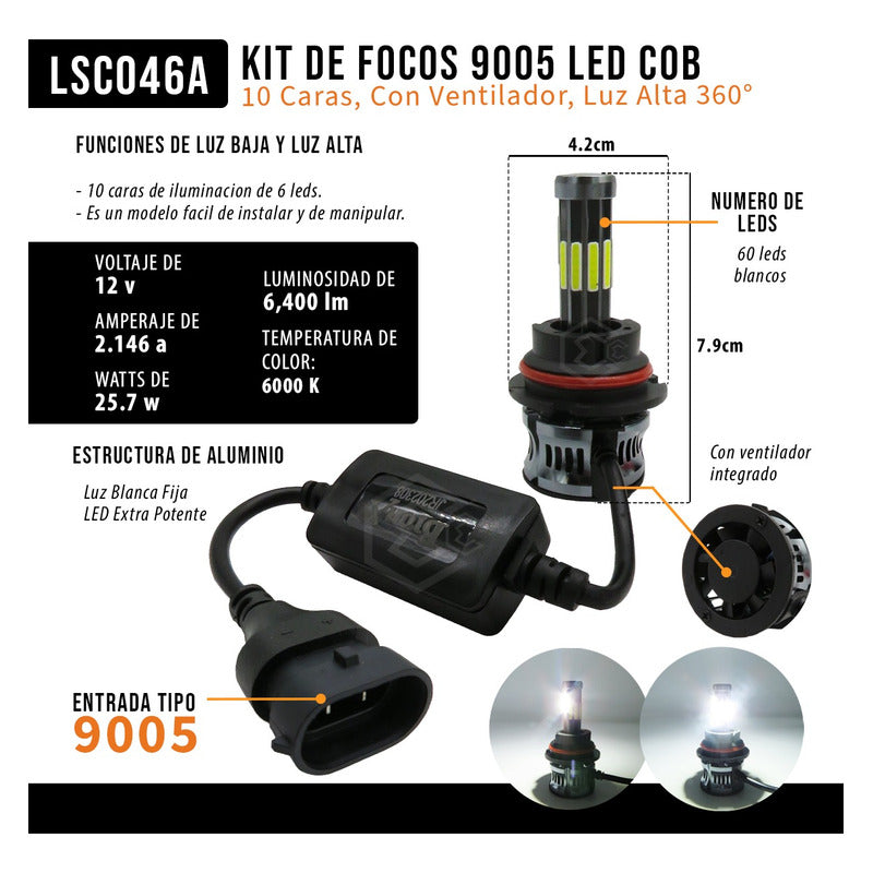 Kit Focos 9005 Led Cob 10 Caras Con Ventilador Luz Alta 360° 9005