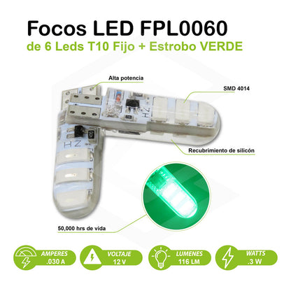 Par De Focos Pellizco Gel T10 Fijo + Estrobo 6 Leds Canbus