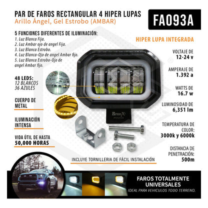 Par Faros Rectangular 4 Hiper Lupa Arillo Ángel Gel Estrobo