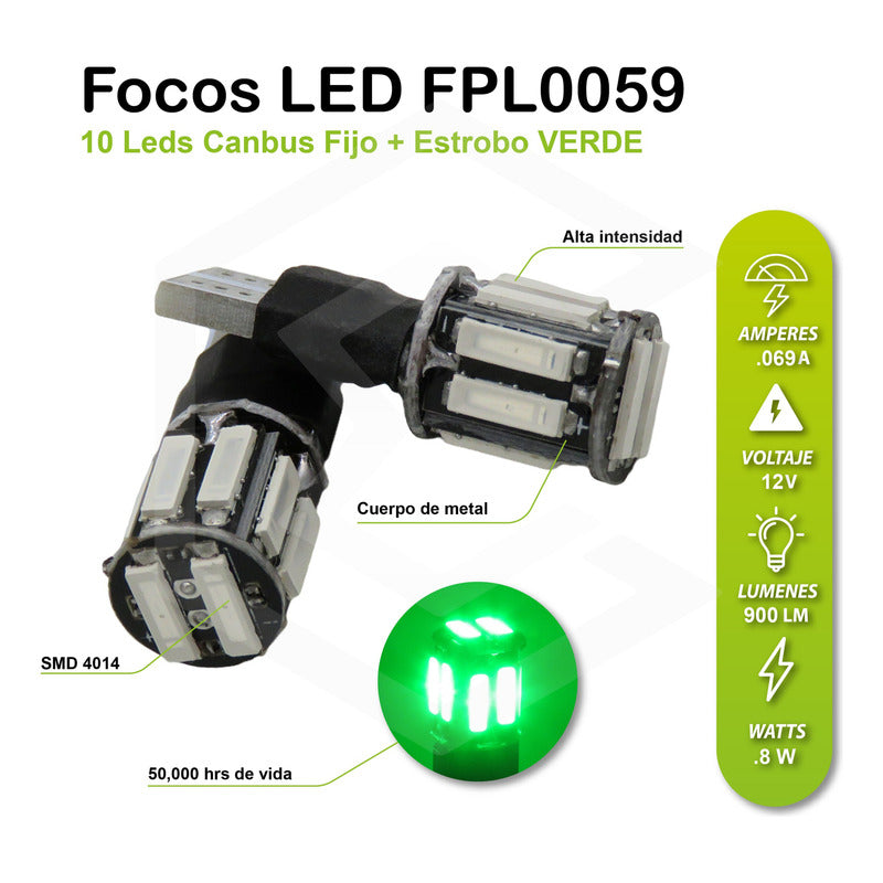 Kit 10 Focos De Pellizco 10 Led Canbus Fijo + Estrobo T10