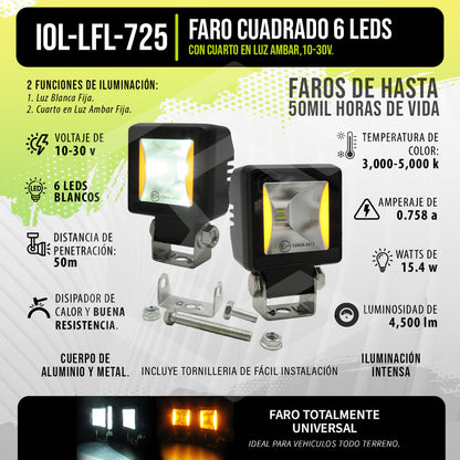 Par Faros 6 Leds Blancos Cuadrado 2 Funciones Cuartos 10-30v