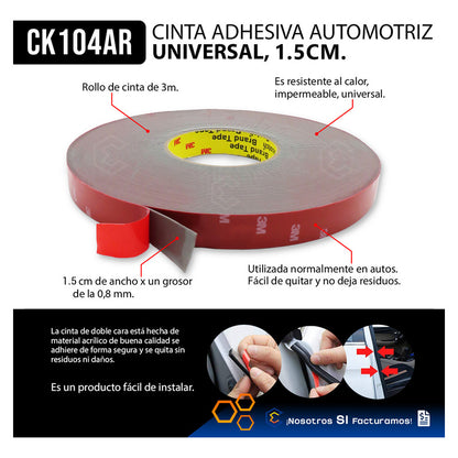 Rollo De Cinta Doble Cara Tipo 3m Pega Moldura 1.5cm X 32.5m Rojo