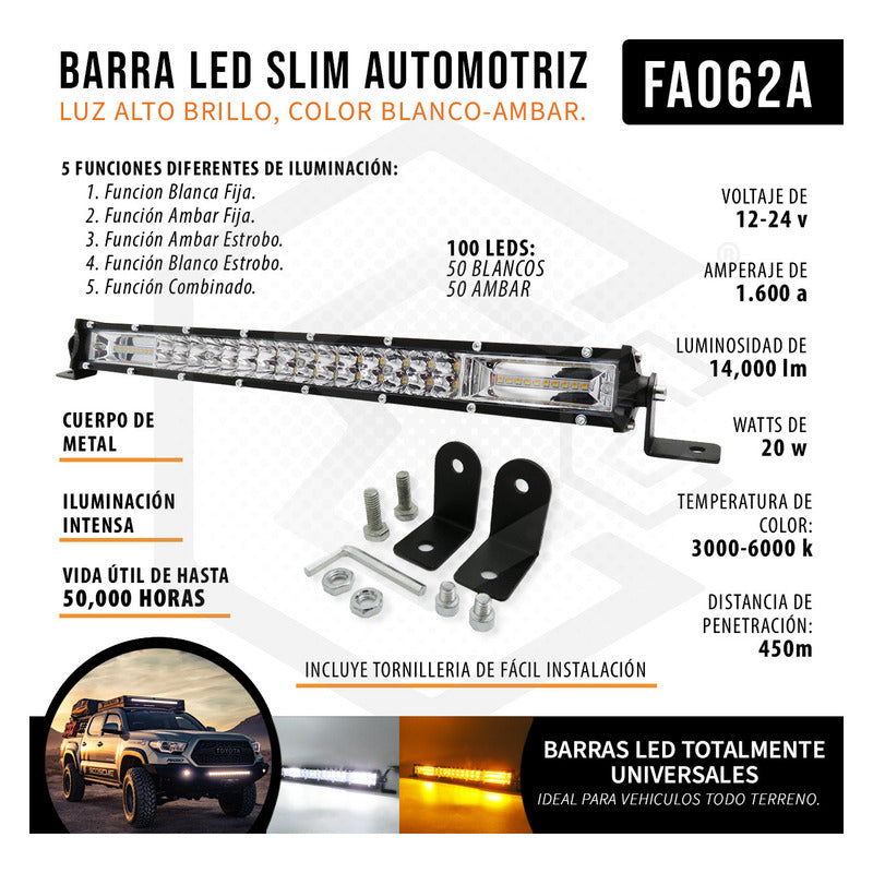 Barra Slim 100 Hiperled 16'' Blanco-ambar 5 Funciones 12-24v