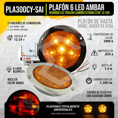 2 Plafón 6led Redondo Luz Trasera Camión Estrobo Stop 12-24v