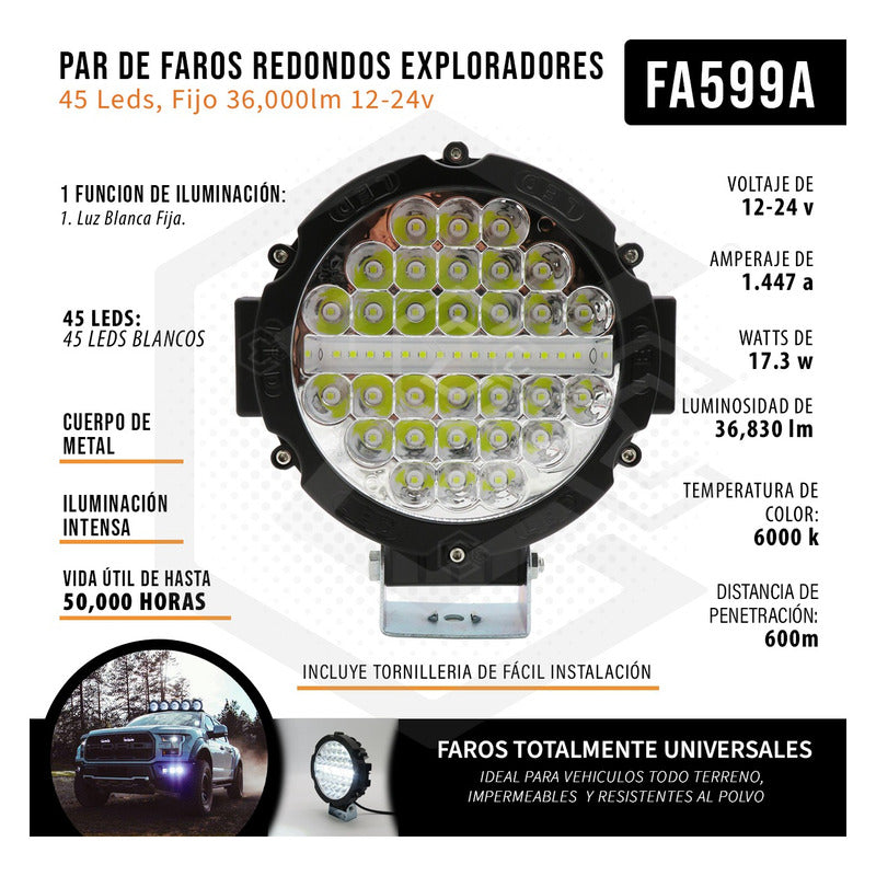 Par Faros Redondo Exploradores 45 Leds Fijo 36,000lm 12-24v