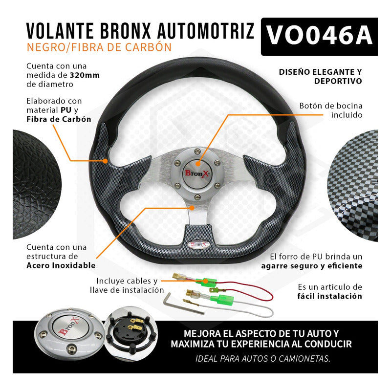 Volante Deportivo Universal De Metal Fibra De Carbón Y Negro