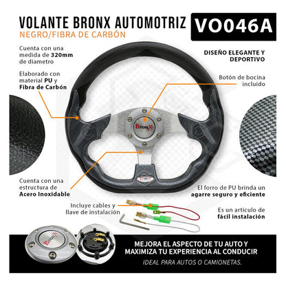Volante Deportivo Universal De Metal Fibra De Carbón Y Negro