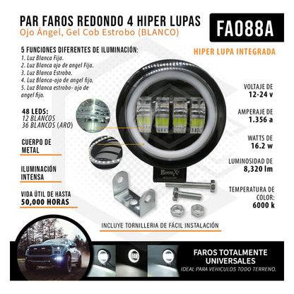 Par Faros Redondo 4 Hiper Lupa Ojo Ángel Gel Cob Estrobo