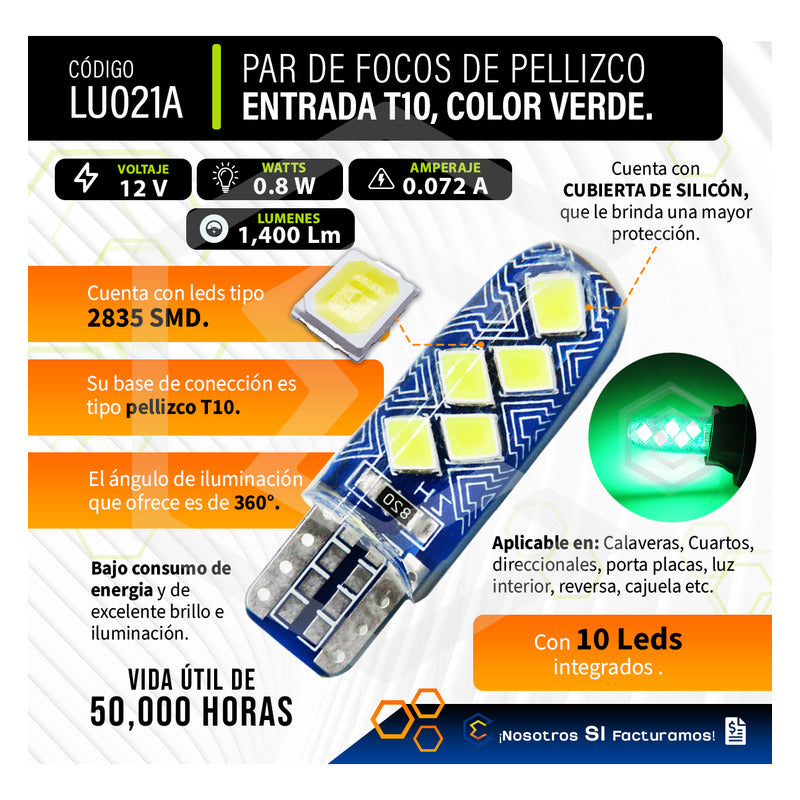 Par De Focos De Pellizco T10 10 Leds Smd Silicón Mosaico 12v