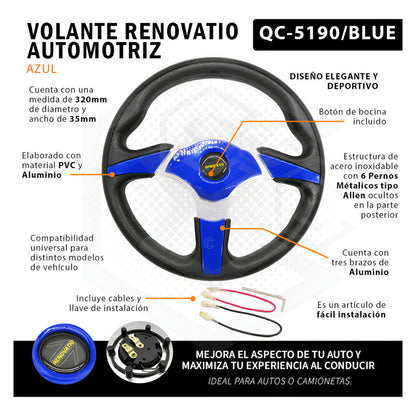 Volante Deportivo Universal De Metal Con Acabado Azul 33cm