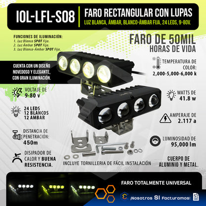 Par De Faros 24 Leds Lupa Blanco-ambar Spot Luz Fija 9-80v