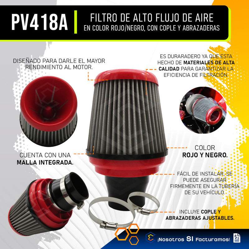 Filtro De Alto Flujo Con Cople Y Abrazadera Universal Auto