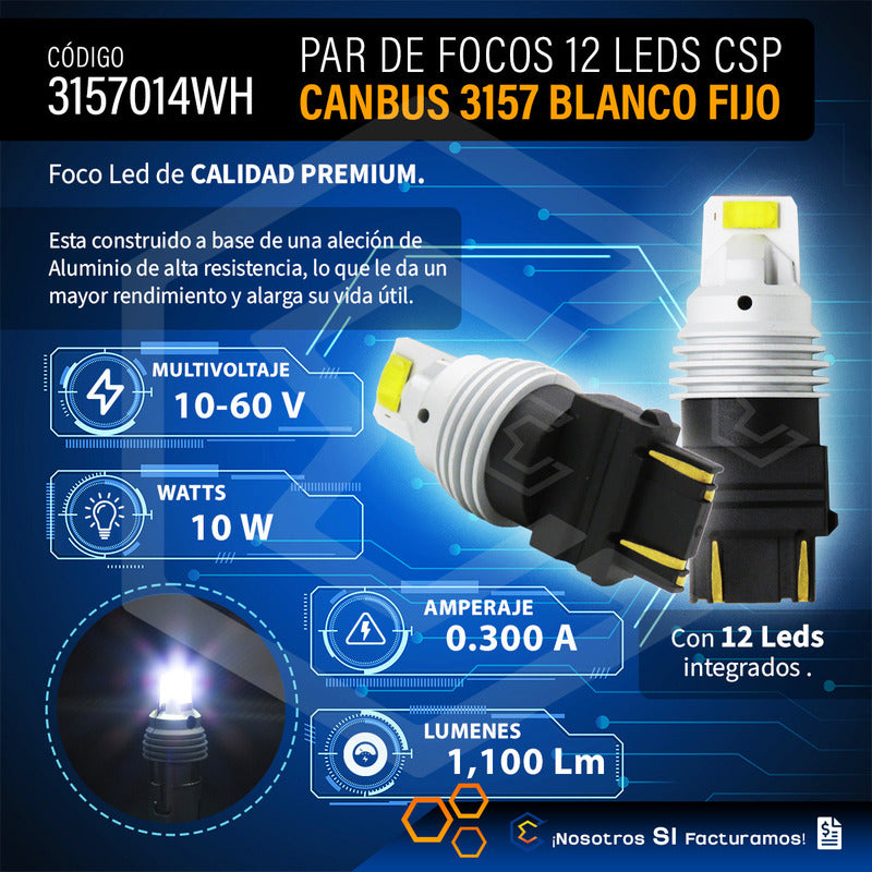 Par De Focos 3157 12 Leds Csp Canbus Fijo 10-60v 10w 1100lm