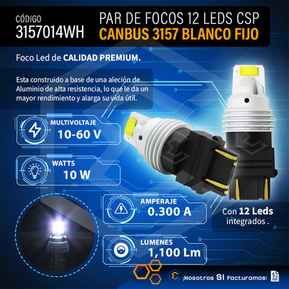 Par De Focos 3157 12 Leds Csp Canbus Fijo 10-60v 10w 1100lm