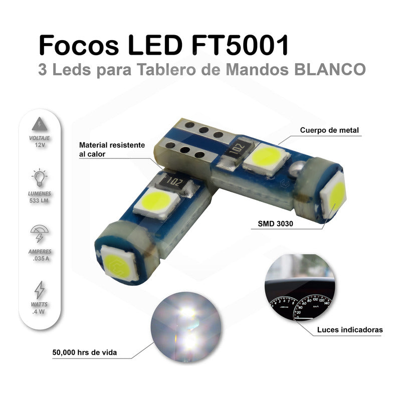 Kit 10 Focos 3 Leds Tablero Mandos T5 3030 3w 12v Colores