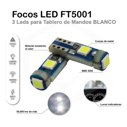 Kit 10 Focos 3 Leds Tablero Mandos T5 3030 3w 12v Colores