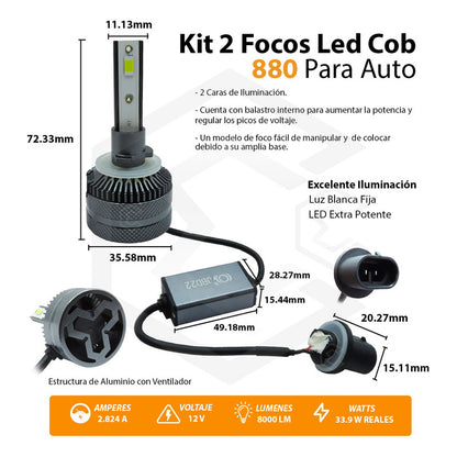 Kit Focos 880 12 Led Csp 9-30v 33.9w Reales Alta Baja 8000lm 880