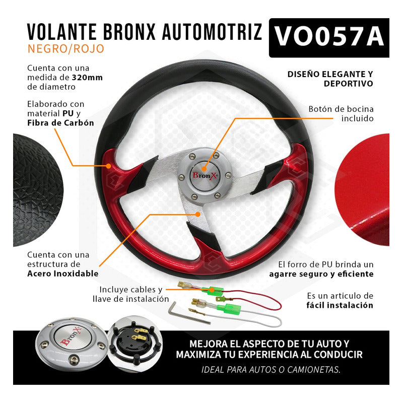 Volante Deportivo Universal De Metal Color Rojo Con Negro