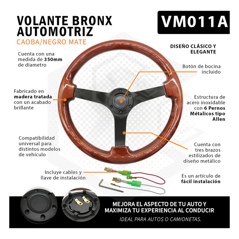 Volante D Madera Automotriz Universal Centro Negro Mate 35cm
