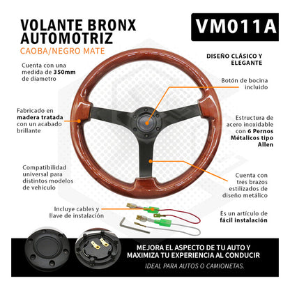 Volante D Madera Automotriz Universal Centro Negro Mate 35cm