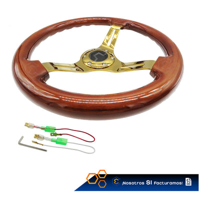 Volante De Madera Automotriz Universal Dorado Brillante 35cm