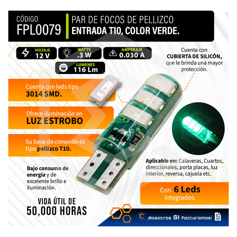 Par De Focos De Pellizco 6 Leds Smd T10 Gel Luz Estrobo 12v