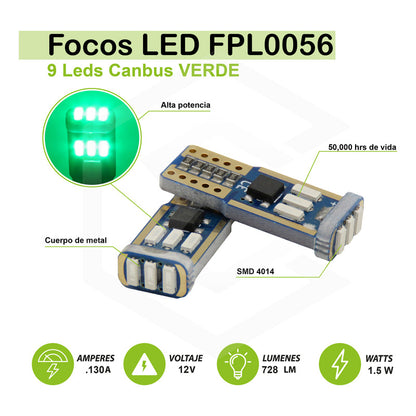 Kit 10 Focos De Pellizco T10 9 Leds Canbus No Error 4014 12v