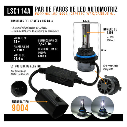 Kit Focos 9004 C/ Canbus Csp3570 W7 C/ Ventilador Alta Baja 9004