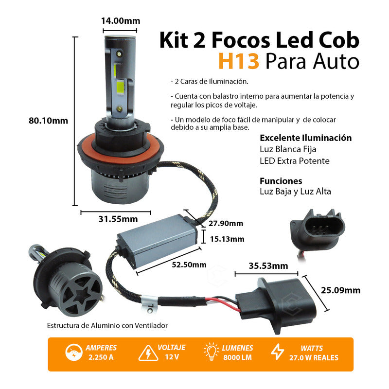 Kit Focos H13 24 Led Csp 9-30v 27w Reales Alta Y Baja 8000lm H13