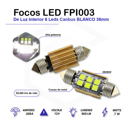 Par De Focos Luz Interior 31 36 39 41 Mm 6 Leds Canbus 12v