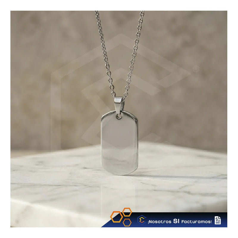 Collar Dije Rectangulo Plata Personalizado Grabado Acero Ino Plateado