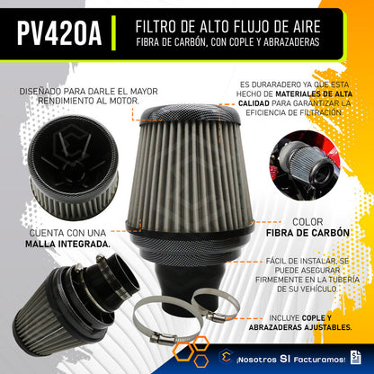 Filtro De Alto Flujo Con Cople Y Abrazadera Universal Auto