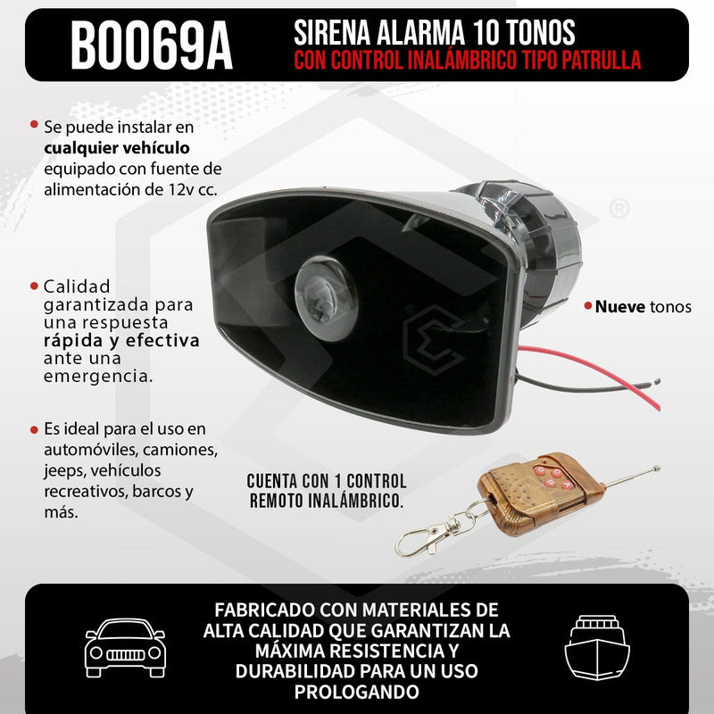 Sirena Alarma 9 Tonos Con Control Inalámbrico Tipo Patrulla