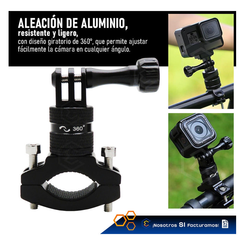 Soporte Manillar Giratorio 360° Aluminio Para Gopro Insta360 Negro