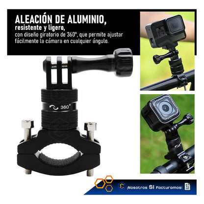 Soporte Manillar Giratorio 360° Aluminio Para Gopro Insta360 Negro