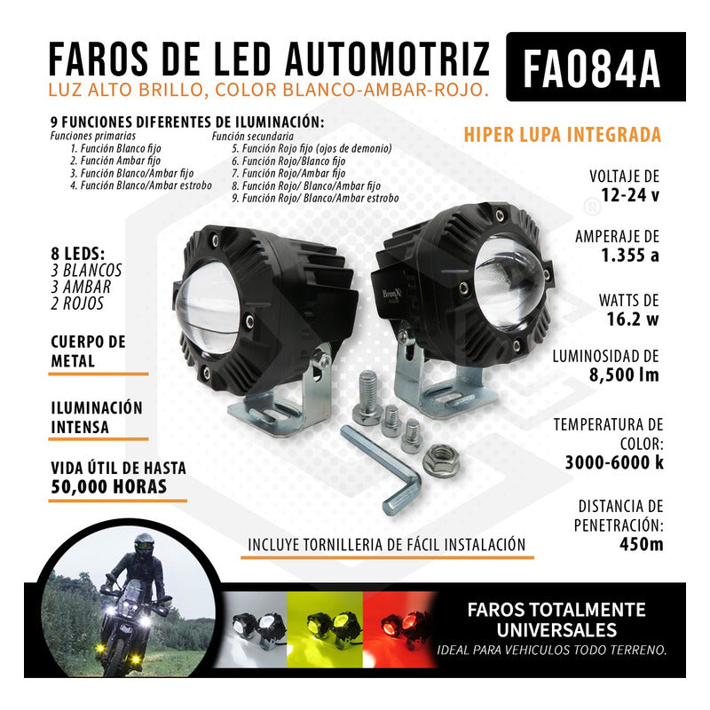 Faros Cuadrado 8 Hiperled C/lupa Rojo Blanco Ambar 12-24v