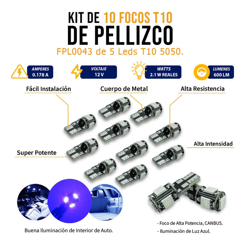 Kit De 10 Focos De Pellizco T10 5  Leds 5050 Alta Potencia