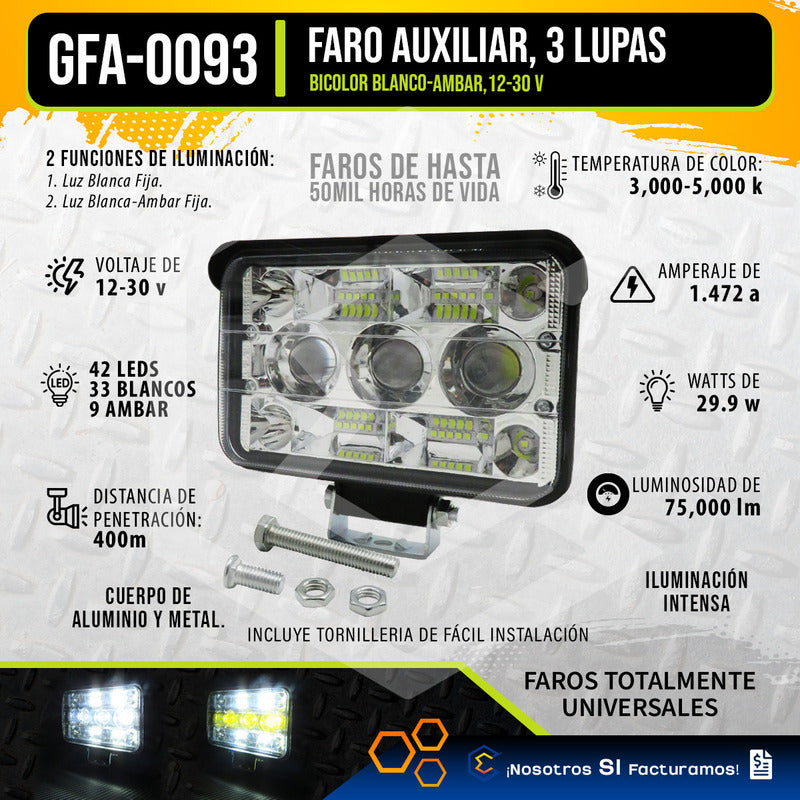 Par Faros 42 Leds 3 Lupas Blanco-ámbar Fijo 75,000lm 12-30v