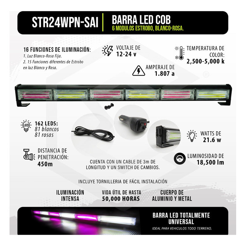 Barra Torreta Led Cob 6 Módulos Estrobo Código 16 Funciones