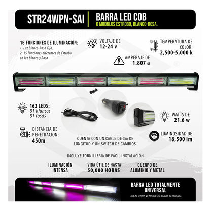 Barra Torreta Led Cob 6 Módulos Estrobo Código 16 Funciones