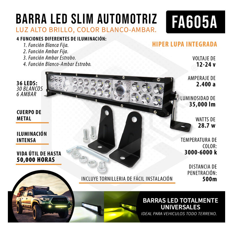 Barra Slim 36 Led Potente Blanco/ambar Fijo+estrobo 12-24v