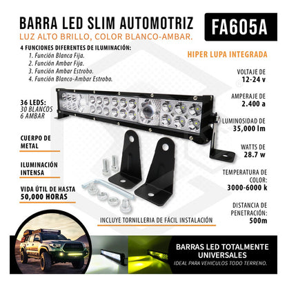 Barra Slim 36 Led Potente Blanco/ambar Fijo+estrobo 12-24v
